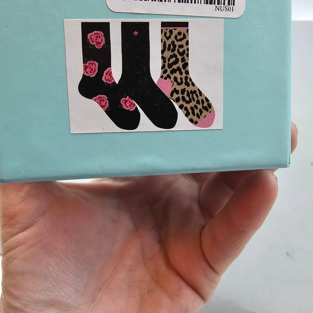 Kate Spade New York 3 Pair Crew Sock Set Floral Leopard Black One Size New Boxed